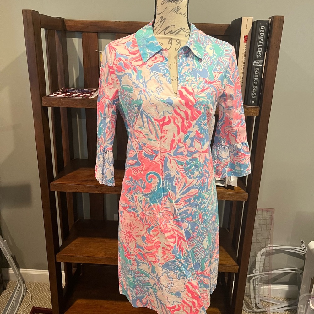 Lilly Pulitzer Coral and Sky Blue Long Sleeve Dress